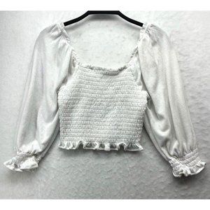 Free People Blouse Women's Sz XS White Off Shoulder Smocked Cropped 3/4 Sleeves
